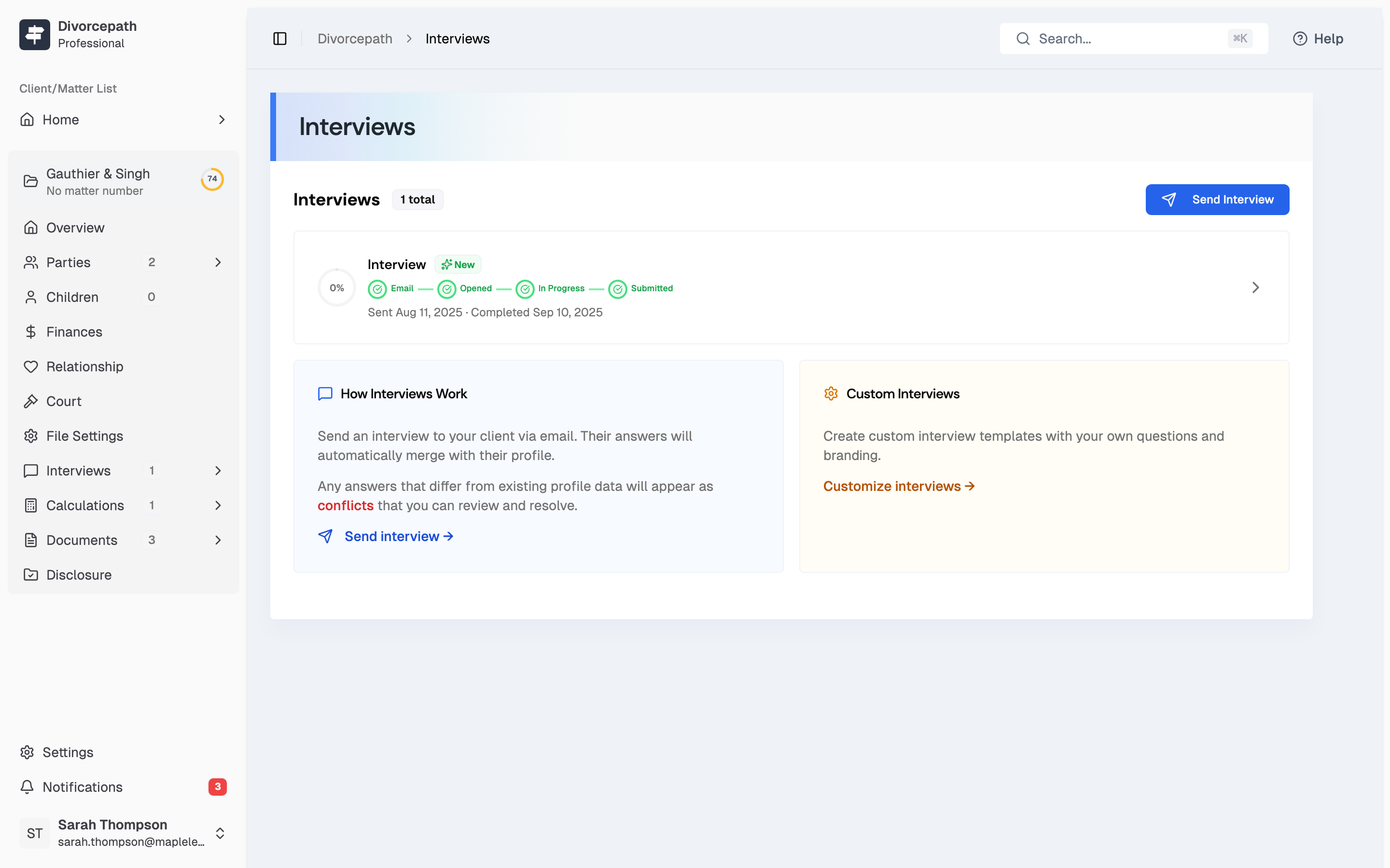 Client intake interview with pre-populated fields